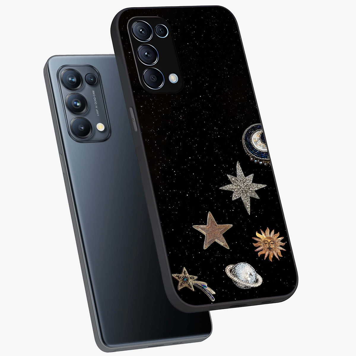 Galactic Charm Glow Glass Case displayed in angled mockup highlighting luminous galaxy inspired design with dreamy aesthetic.
