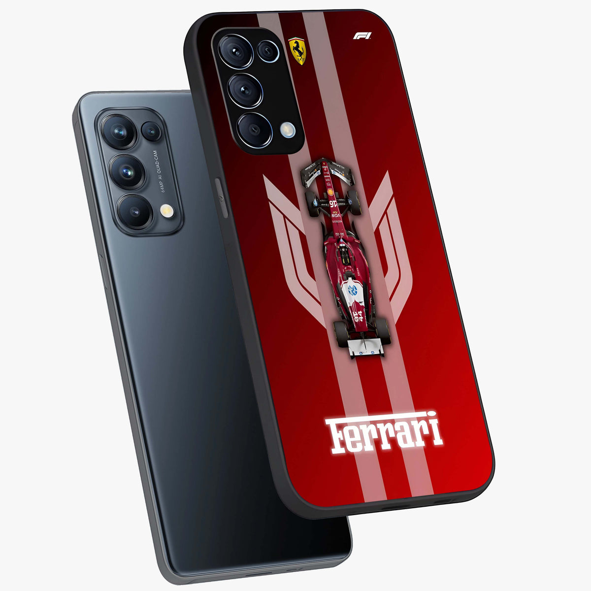 Red Ferrari F1 Vertical Glass Case displayed in angled mockup highlighting high speed racing design with bold automotive aesthetic.