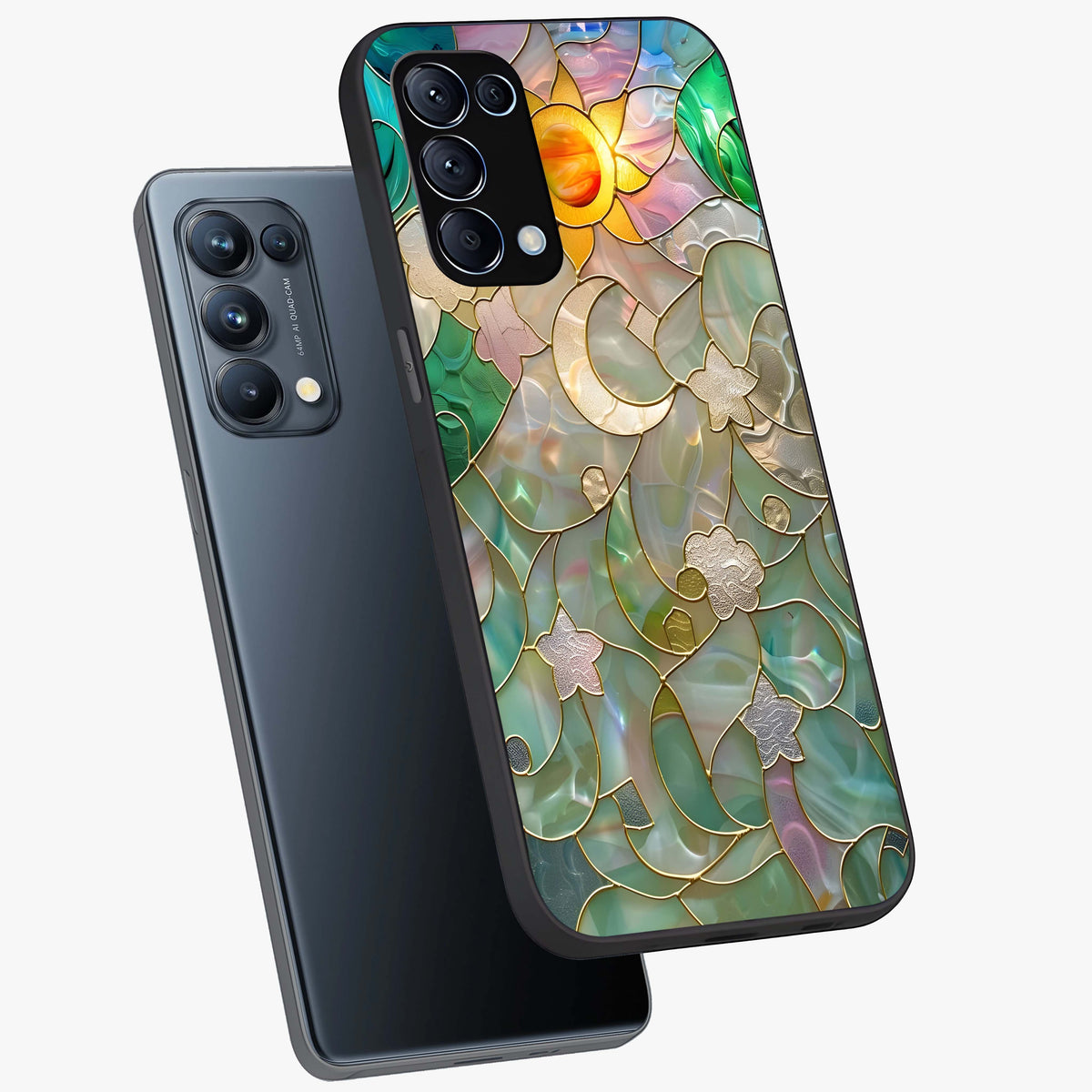 Stained Sunrise Glow Glass Case displayed in angled mockup highlighting radiant sunrise design with artistic aesthetic style.