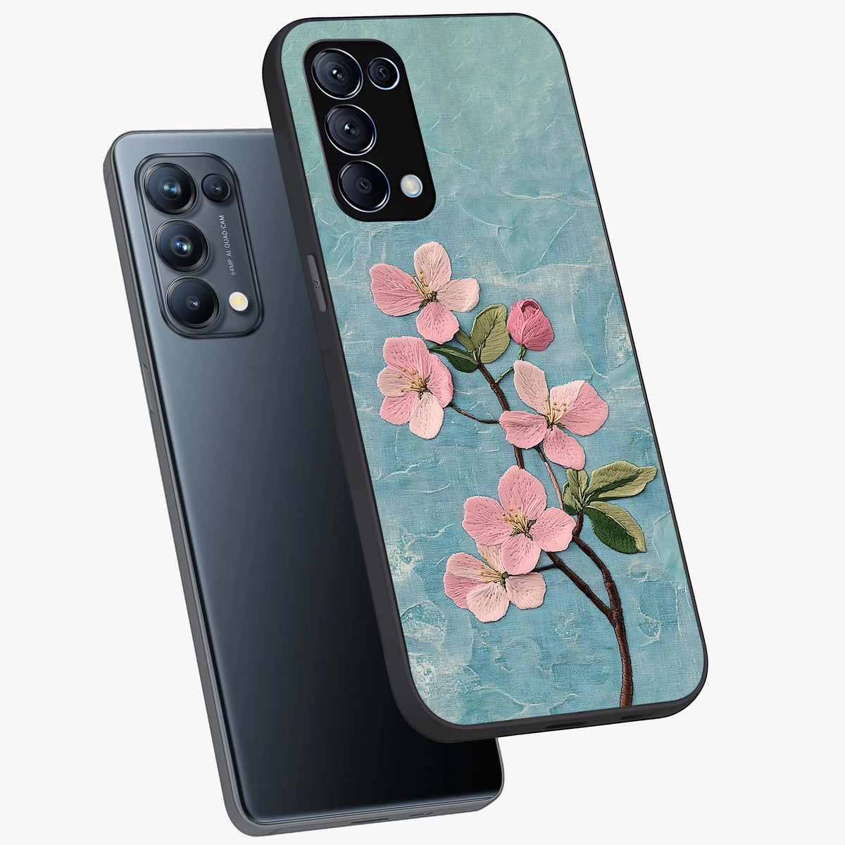 Threaded Blossom Breeze Glass Case displayed in angled mockup highlighting elegant floral design with soft aesthetic style.