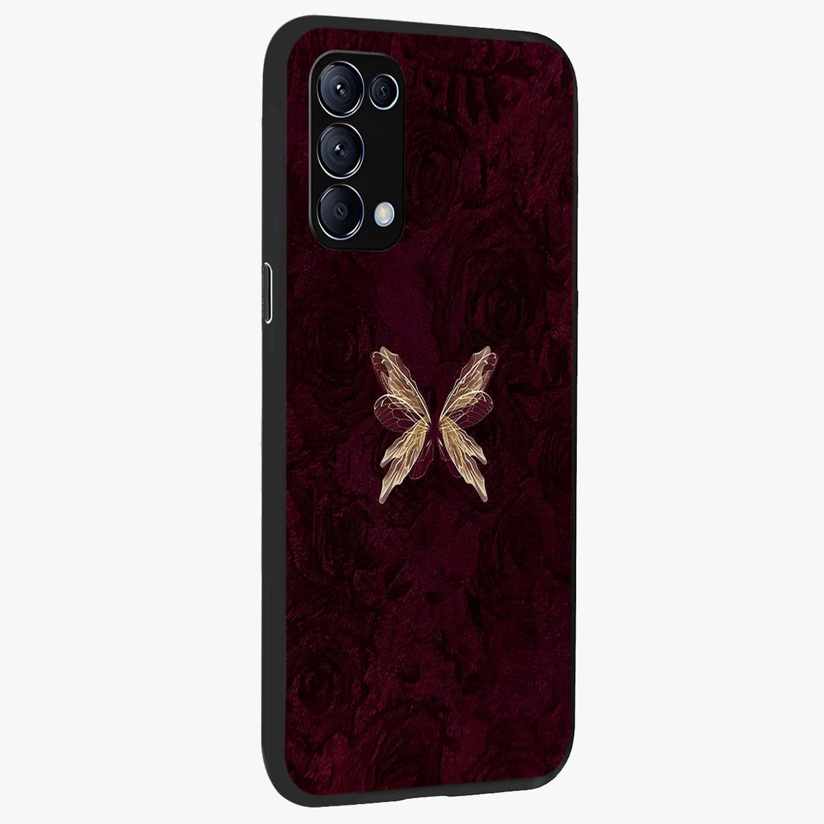 Crimson Fade Butterfly Glass Case upright view showcasing graceful butterfly artwork with soft crimson fade effect.