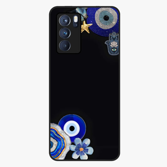Aesthetic Blue Evil Eye Glass Case showing flat back view with protective evil eye artwork and glossy glass finish.
