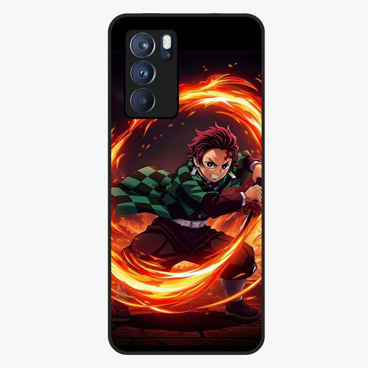Blazing Sword Resolve Glass Case showing flat back view with fiery sword artwork and glossy glass finish.