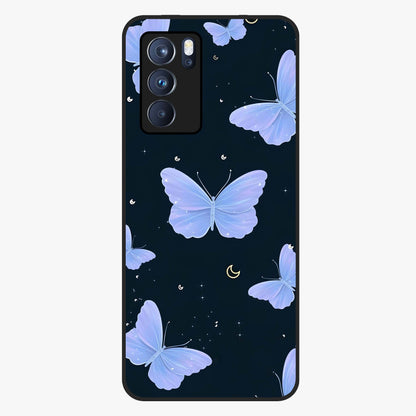 Butterfly With Stars Pattern Glass Case showing flat back view with butterfly and star pattern artwork and glossy glass finish.
