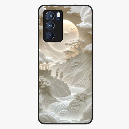 Celestial Origami Glass Case showing flat back view with artistic origami inspired celestial artwork and glossy glass finish.