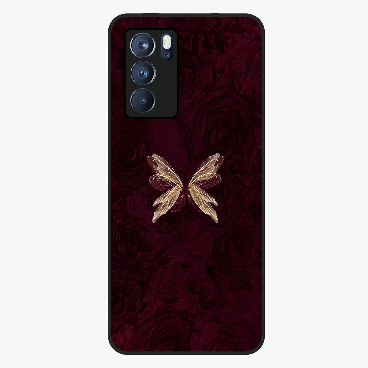 Crimson Fade Butterfly Glass Case showing flat back view with fading butterfly artwork and glossy glass finish.