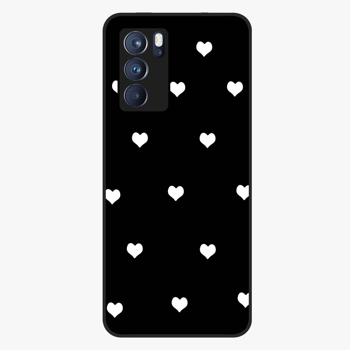 Cute And Simple White Hearts Glass Case showing flat back view with minimal white heart pattern and glossy glass finish.