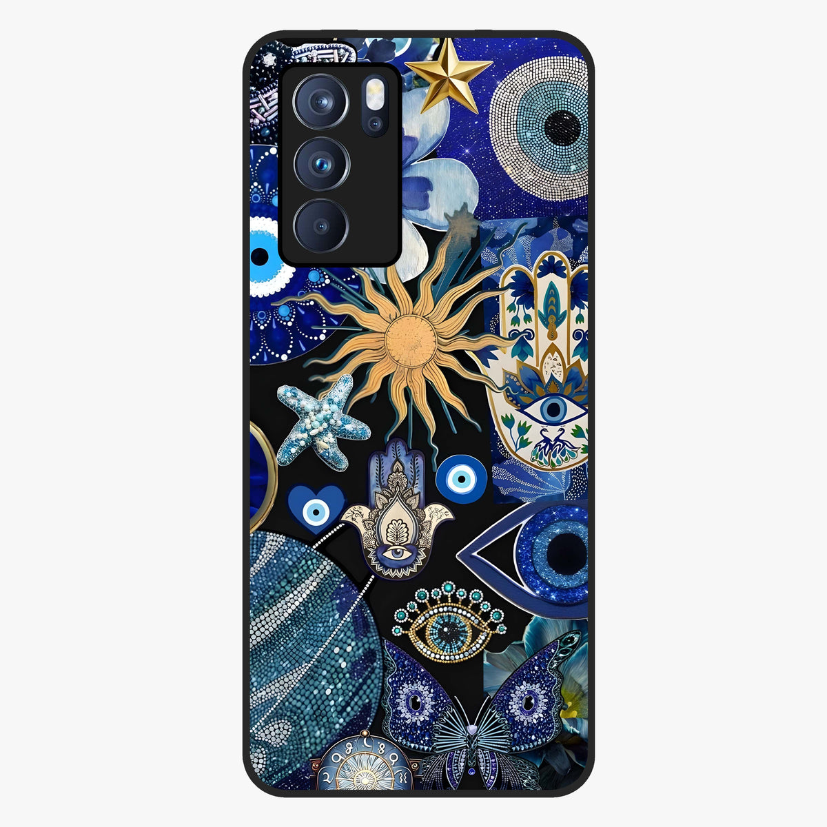 Evil Eye Charm Mix Glass Case showing flat back view with multiple evil eye charms artwork and glossy glass finish.