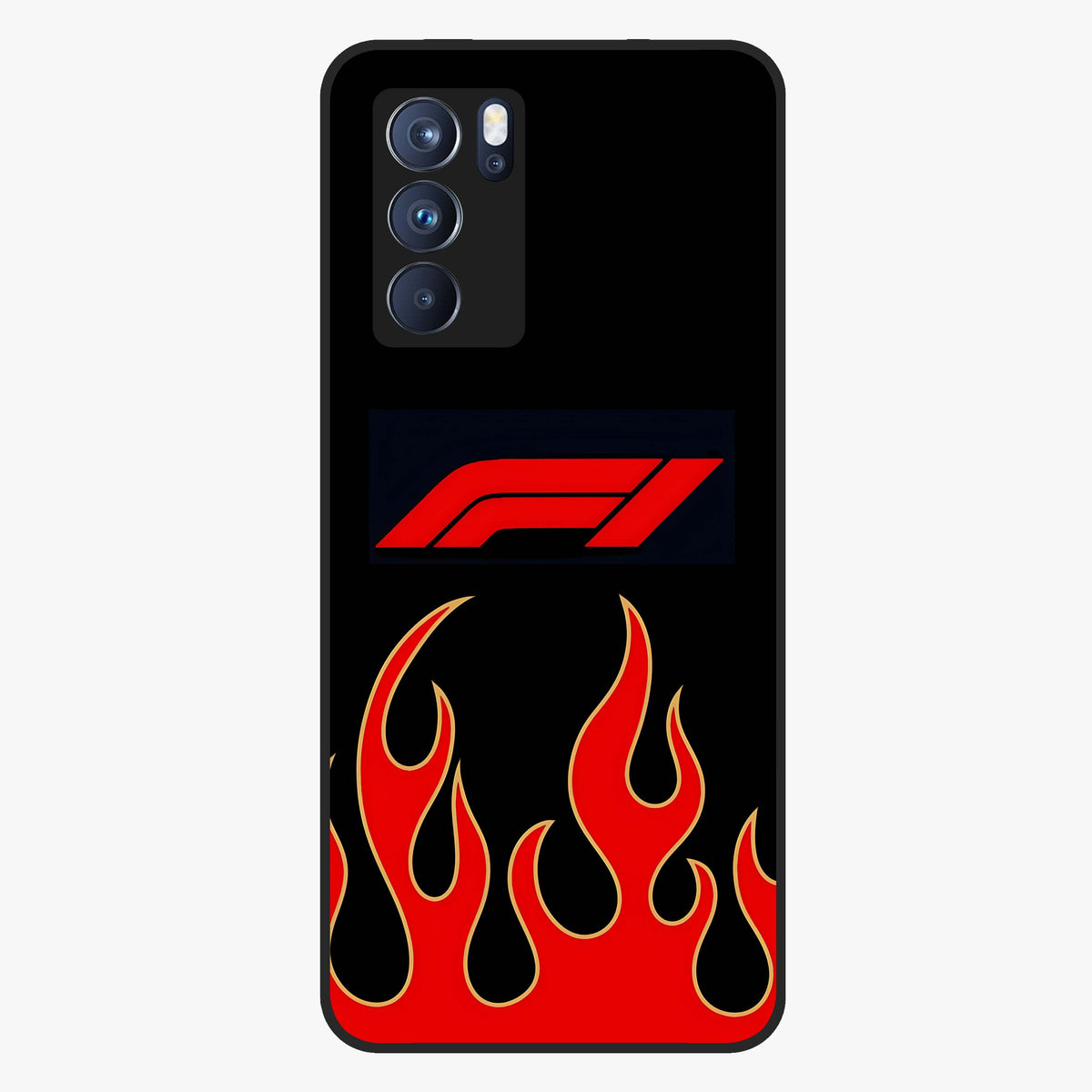 Fire F11 Glass Case showing flat back view with fiery themed artwork and glossy glass finish.