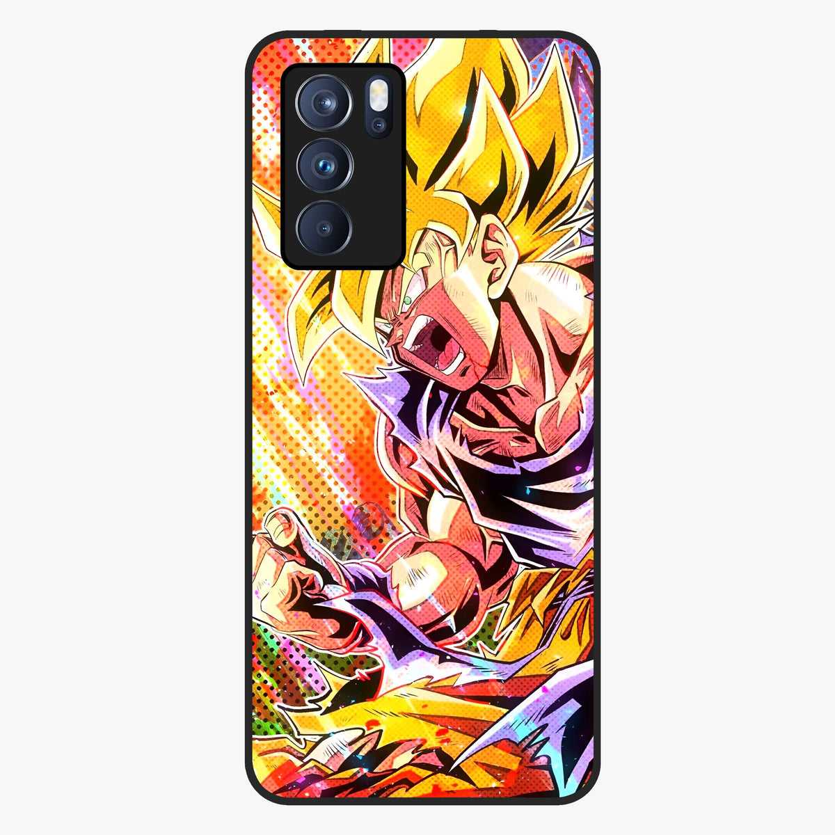 Firing Goku Glass Case showing flat back view with powerful anime inspired artwork and glossy glass finish.