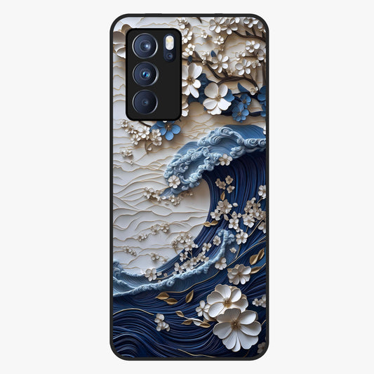 Floral Wave Origami Glass Case showing flat back view with origami inspired floral wave artwork and glossy glass finish.