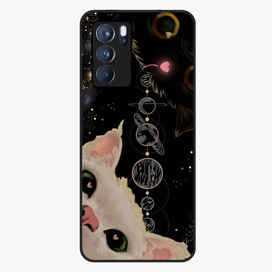 Galactic Cat Glass Case showing flat back view with cosmic cat artwork and glossy glass finish.