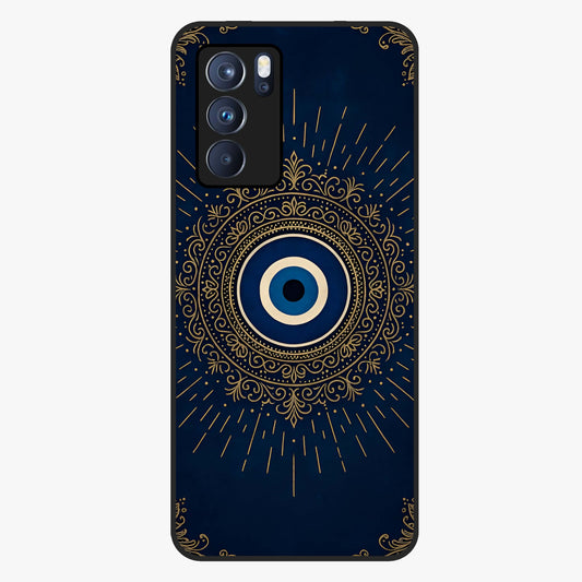 Golden Evil Eye Mandala Glass Case showing flat back view with intricate evil eye mandala artwork and glossy glass finish.