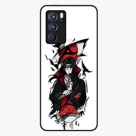 Itachi Sharingan Glass Case showing flat back view with powerful anime eye artwork and glossy glass finish.