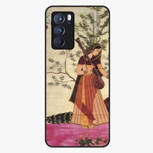 Lady With Veena Art Glass Case showing flat back view with elegant woman playing veena artwork and glossy glass finish.