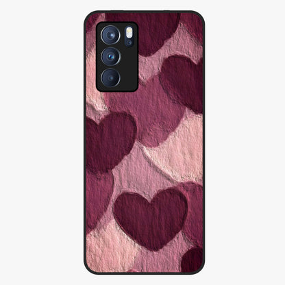 Layered Paper Hearts Glass Case showing flat back view with layered paper heart artwork and glossy glass finish.