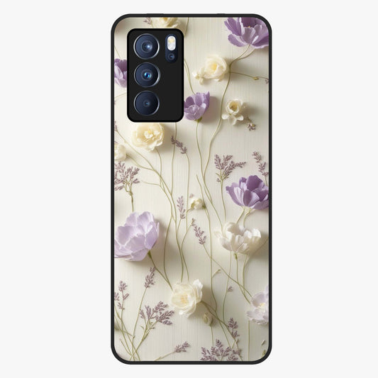 Lilac Breeze Harmony Glass Case showing flat back view with soft lilac themed artwork and glossy glass finish.