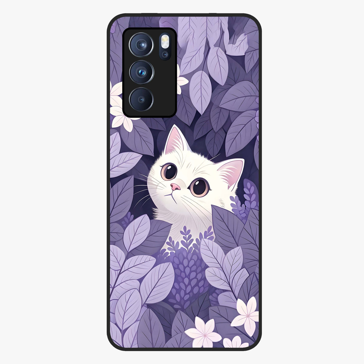Lilac Hide Peek Cat Glass Case showing flat back view with cute peeking cat artwork and glossy glass finish.
