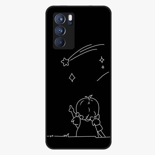Line Art Girl With Shooting Stars Glass Case showing flat back view with minimal line art girl and shooting stars illustration and glossy glass finish.