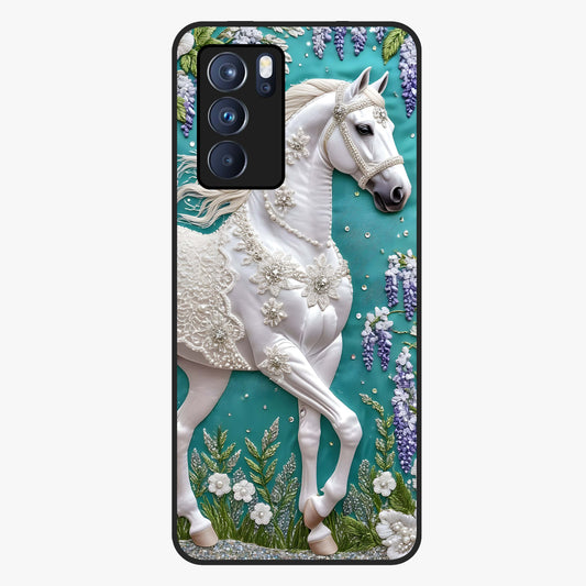 Majestic Floral Stallion Glass Case showing flat back view with powerful horse and floral artwork and glossy glass finish.