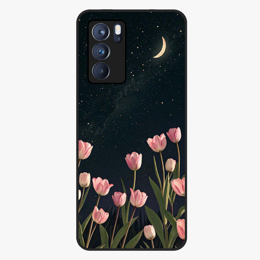 Midnight Tulip Whispers Vibe Glass Case showing flat back view with elegant tulip flower artwork and glossy glass finish.