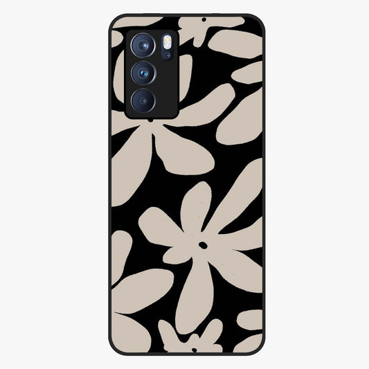 Monochrome Petal Dance Glass Case showing flat back view with monochrome floral artwork and glossy glass finish.