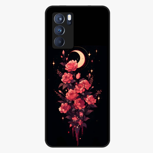 Moonlit Floral Elegance Glass Case showing flat back view with elegant floral artwork under moonlit tones and glossy glass finish.