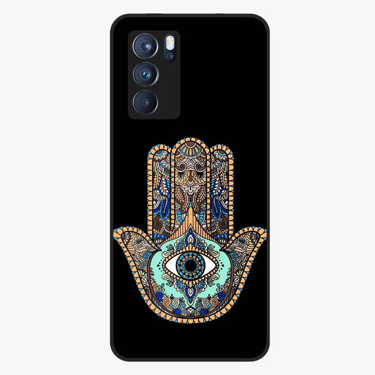Mystic Hamsa Eye Glass Case showing flat back view with protective hamsa hand and evil eye artwork and glossy glass finish.