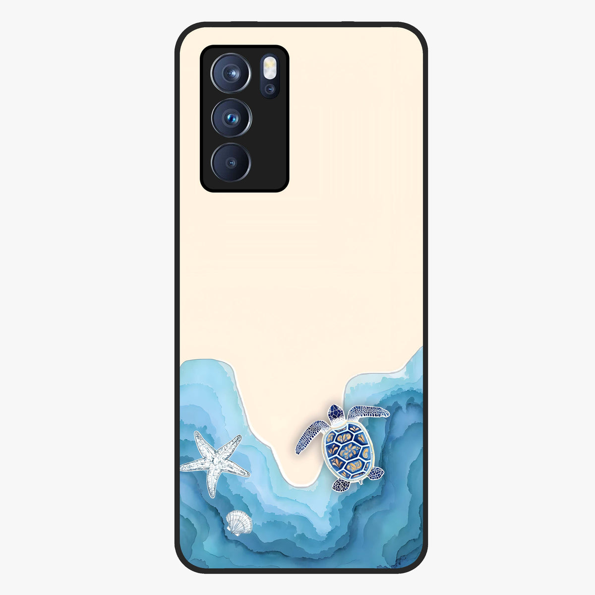 Ocean Drift Turtle Glass Case showing flat back view with sea turtle artwork and glossy glass finish.