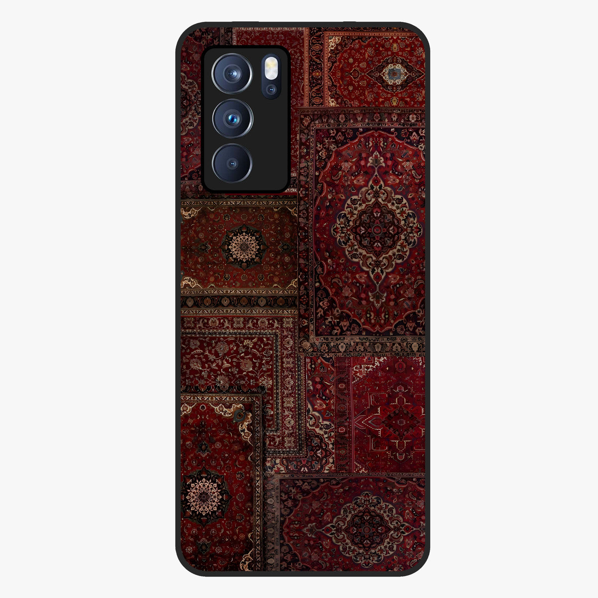 Persian Velvet Tale Glass Case showing flat back view with luxurious Persian velvet pattern artwork and glossy glass finish.