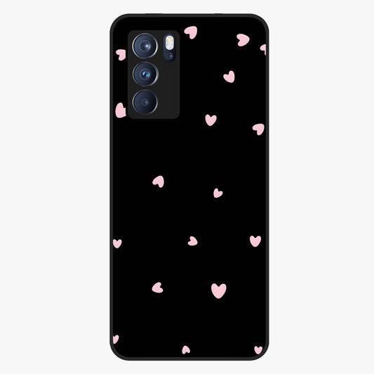 Pink Love Drops Glass Case showing flat back view with playful pink heart drops artwork and glossy glass finish.