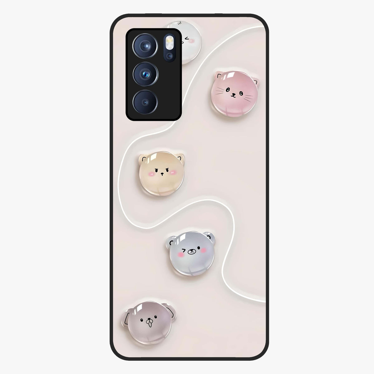 Puffy Face Parade Glass Case showing flat back view with cute puffy character faces artwork and glossy glass finish.