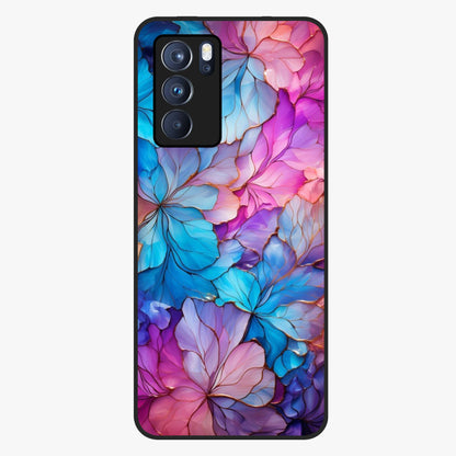 Radiant Floral Whirl Glass Case showing flat back view with swirling floral artwork and glossy glass finish.
