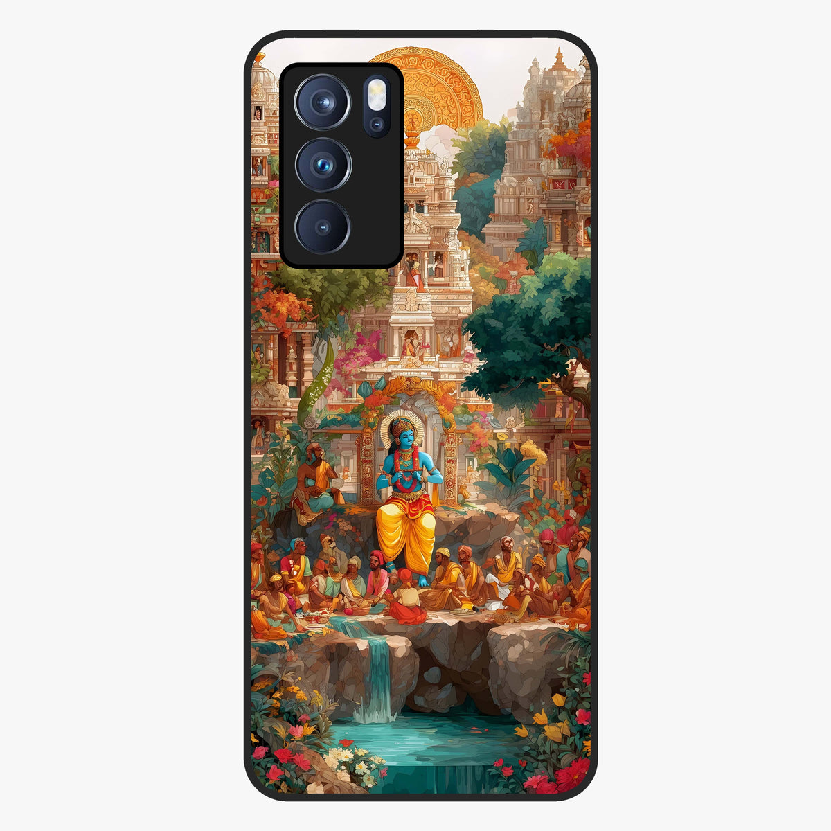 Sacred Sunlight Gods Glass Case showing flat back view with divine sunlight themed artwork and glossy glass finish.