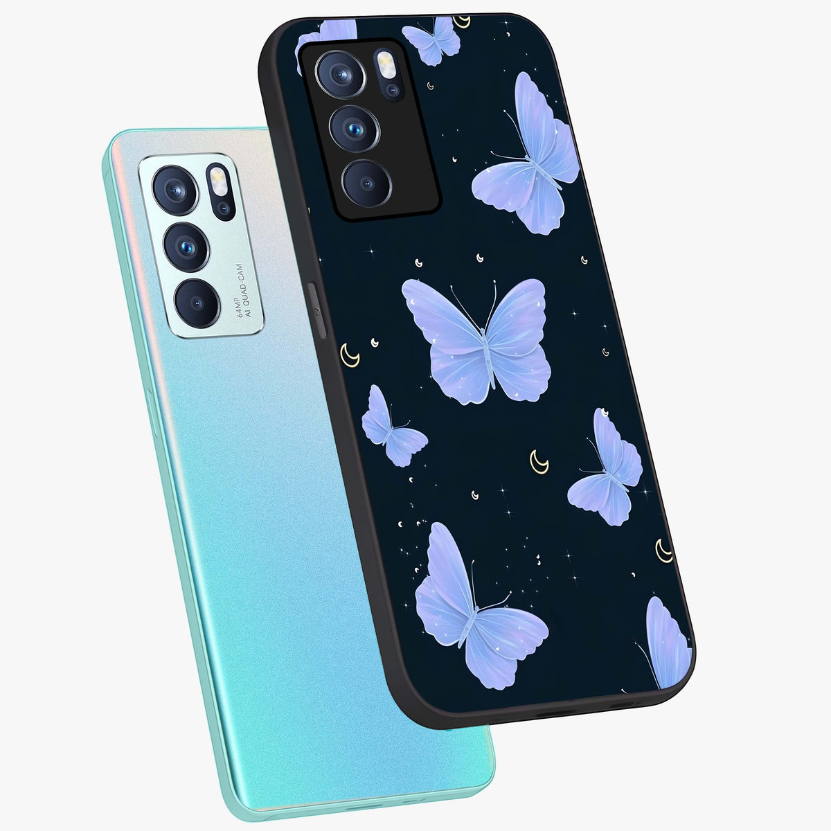 Butterfly With Stars Pattern Glass Case displayed in angled mockup highlighting dreamy butterfly and star design with aesthetic theme.