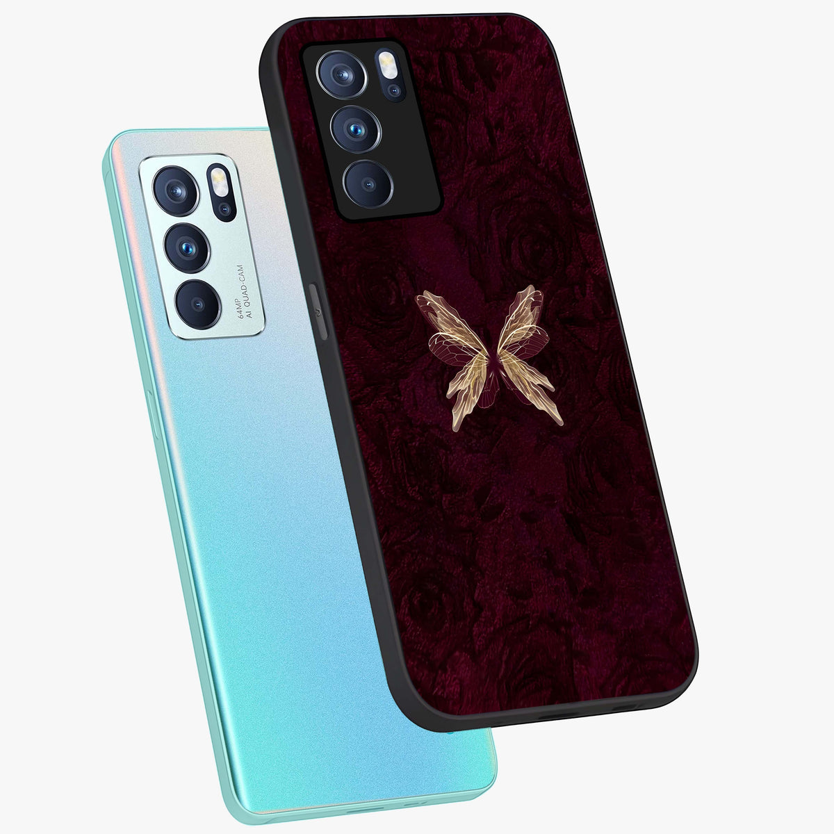Crimson Fade Butterfly Glass Case displayed in angled mockup highlighting elegant butterfly design with crimson gradient aesthetic.