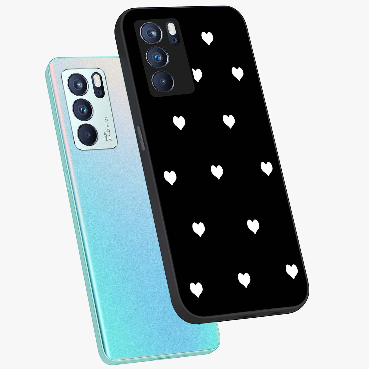 Cute And Simple White Hearts Glass Case displayed in angled mockup highlighting cute heart design with clean aesthetic style.