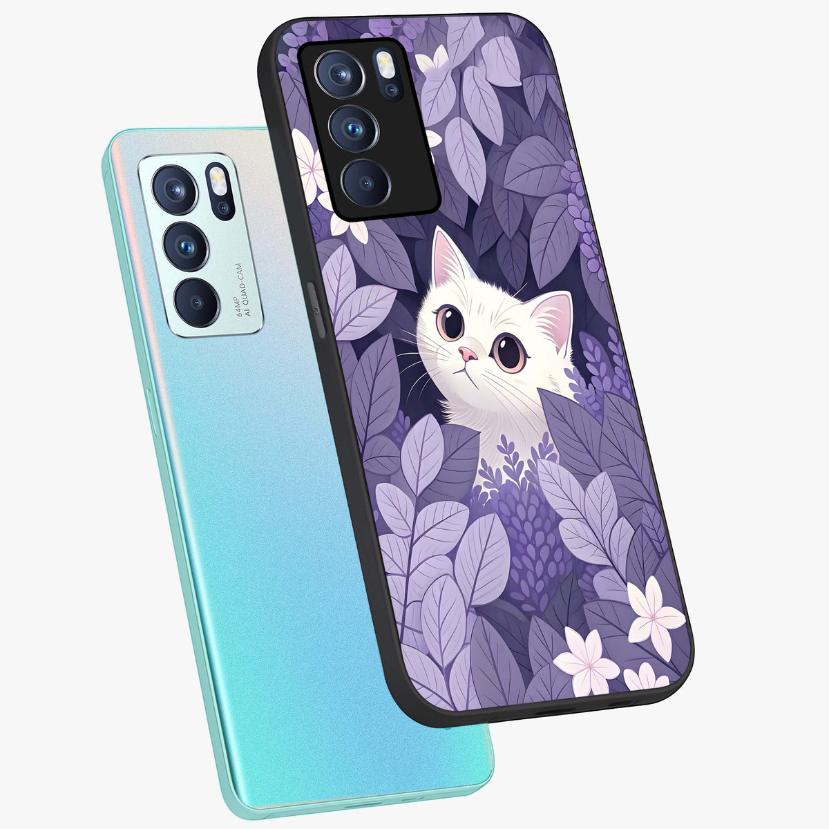 Lilac Hide Peek Cat Glass Case displayed in angled mockup highlighting playful feline illustration with lilac aesthetic design.