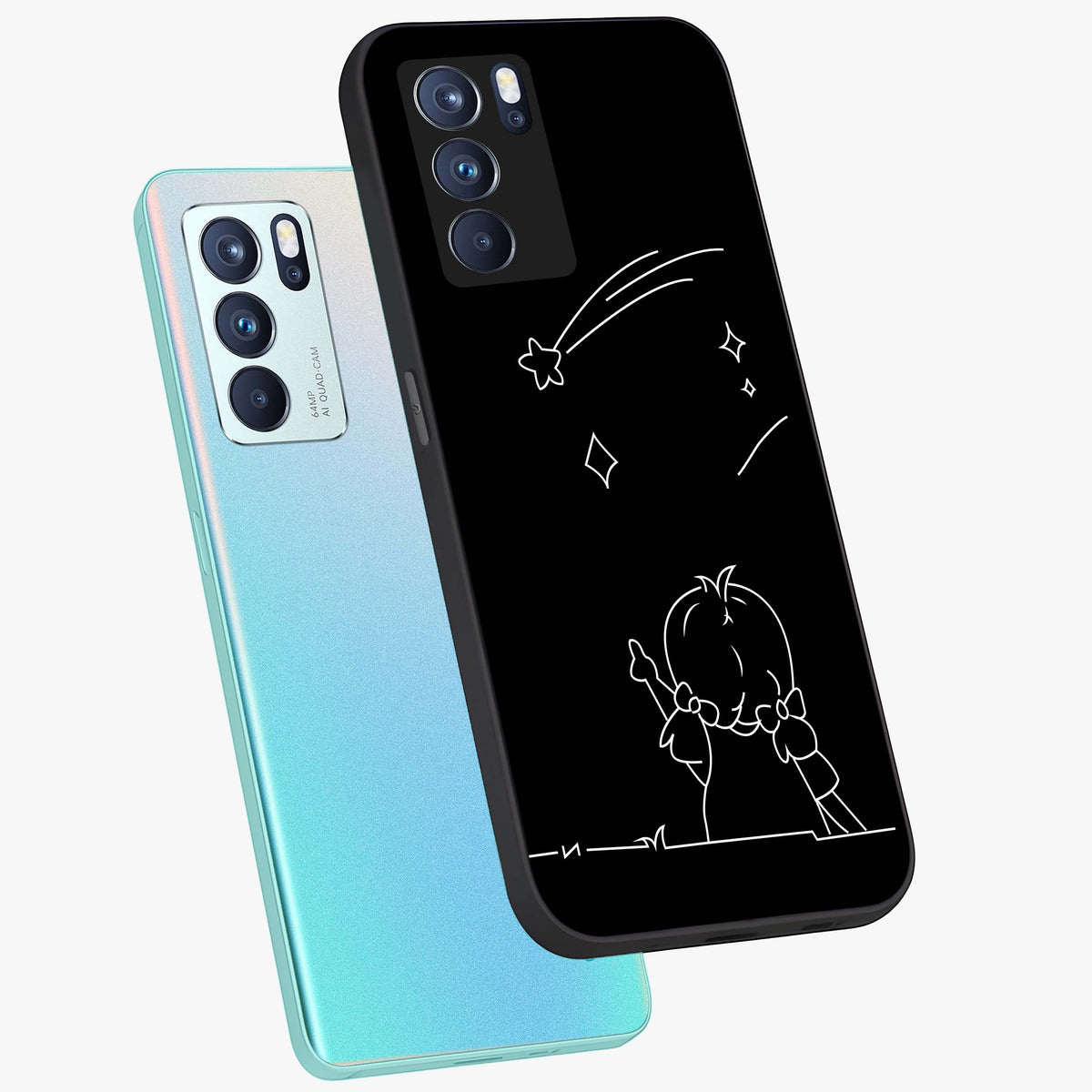 Line Art Girl With Shooting Stars Glass Case displayed in angled mockup highlighting elegant line art design with dreamy star aesthetic.