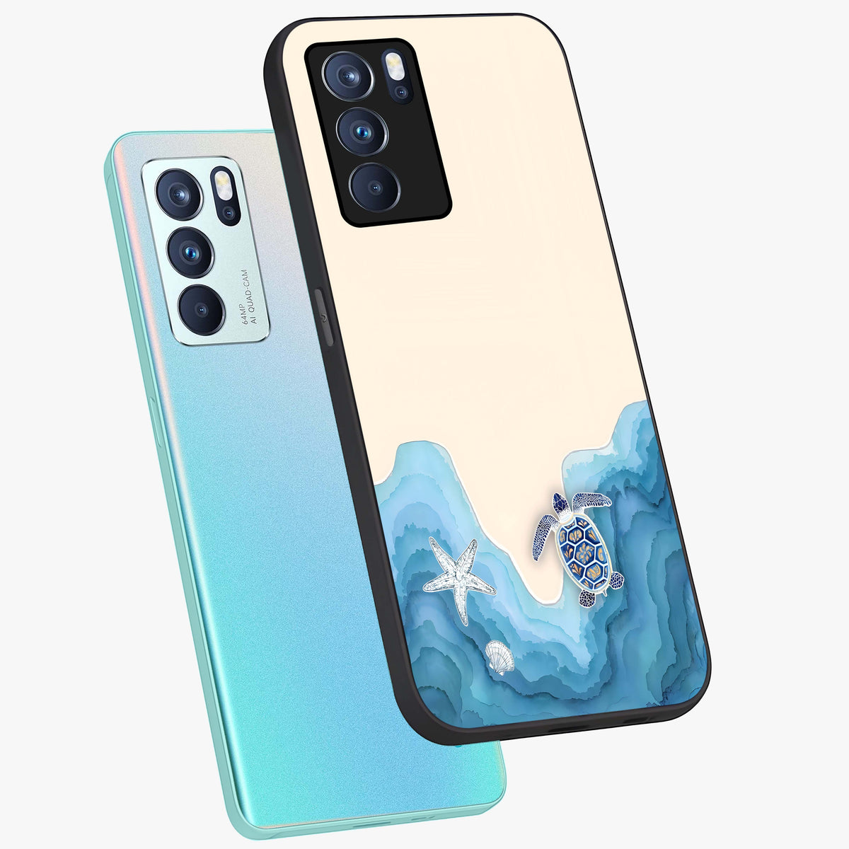 Ocean Drift Turtle Glass Case displayed in angled mockup highlighting peaceful ocean turtle illustration with marine aesthetic.