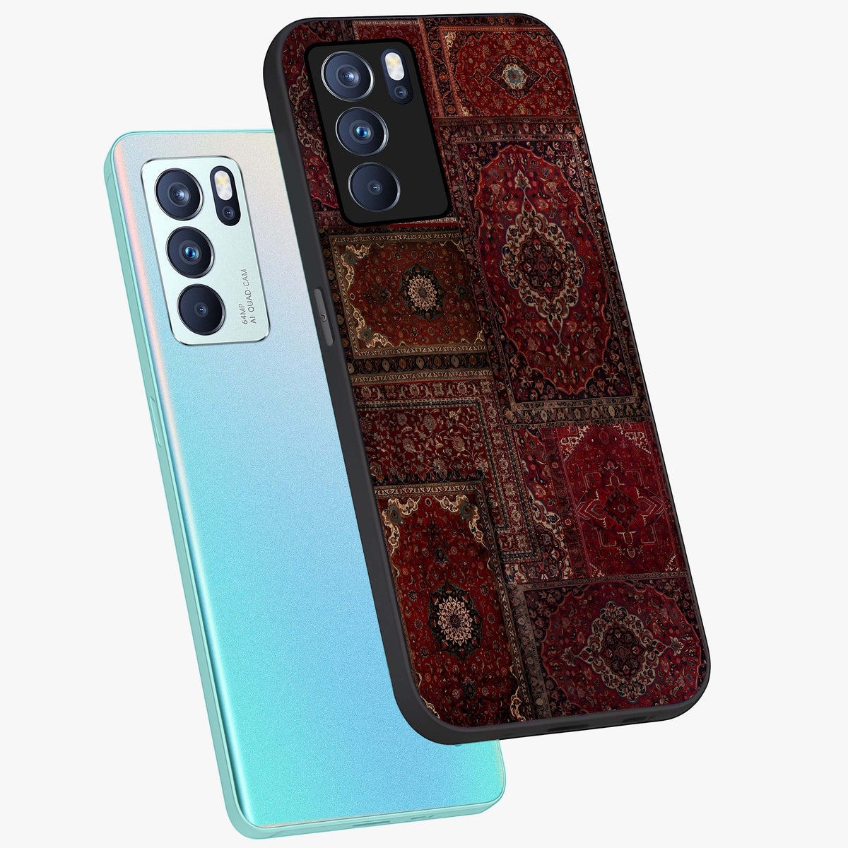 Persian Velvet Tale Glass Case displayed in angled mockup highlighting ornate textile inspired design with royal aesthetic.