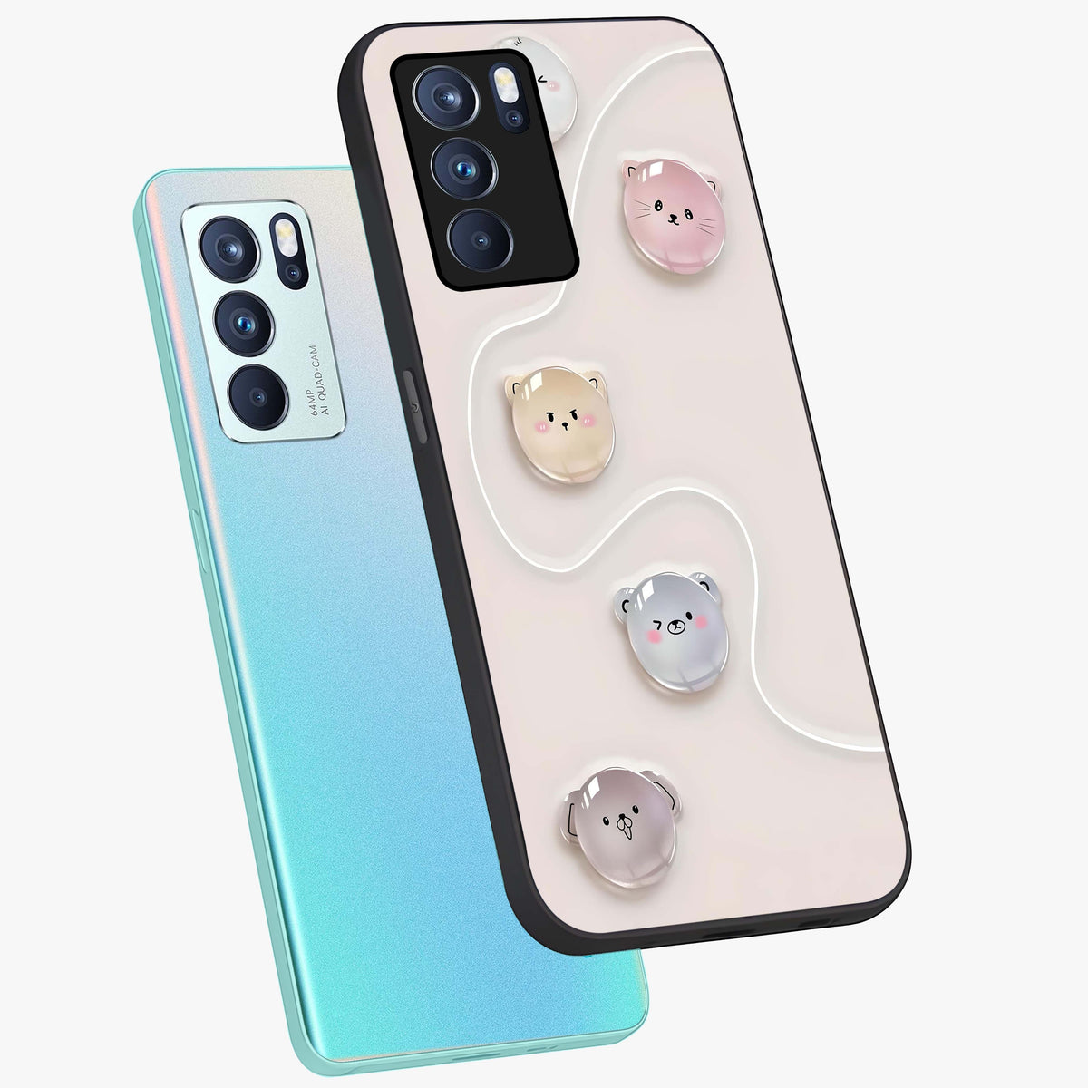 Puffy Face Parade Glass Case displayed in angled mockup highlighting playful cartoon face design with fun aesthetic.