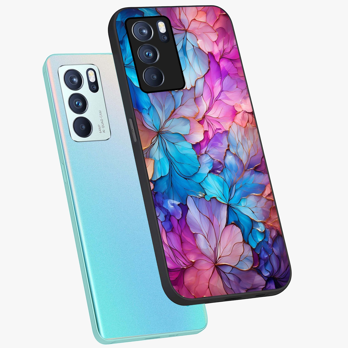 Radiant Floral Whirl Glass Case displayed in angled mockup highlighting vibrant flower pattern with dynamic artistic aesthetic.