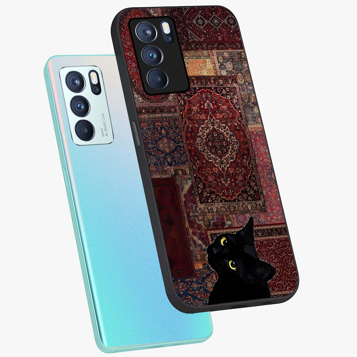 Regal Magic Cat Apple Glass Case displayed in angled mockup highlighting whimsical feline design with fantasy aesthetic.
