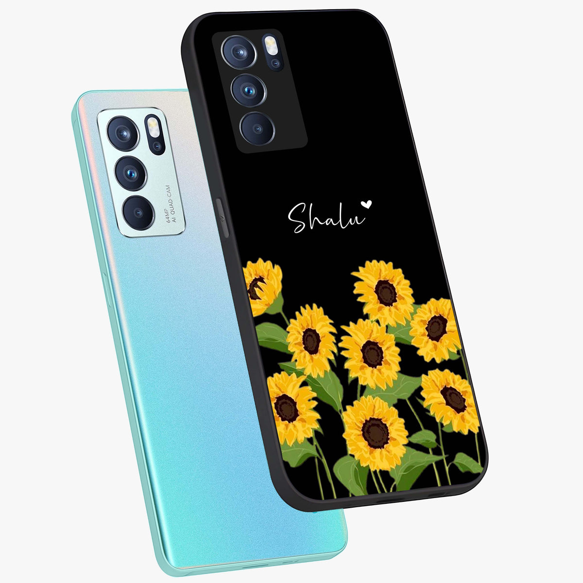 Sunflower Chic Mood Custom Name Glass Case displayed in angled mockup highlighting vibrant sunflower design with custom name feature.