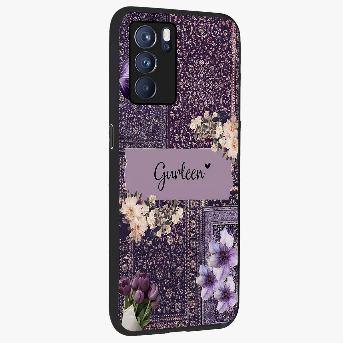 Antique Floral Whisper Custom Name Glass Case upright view showcasing delicate floral artwork with custom name feature.