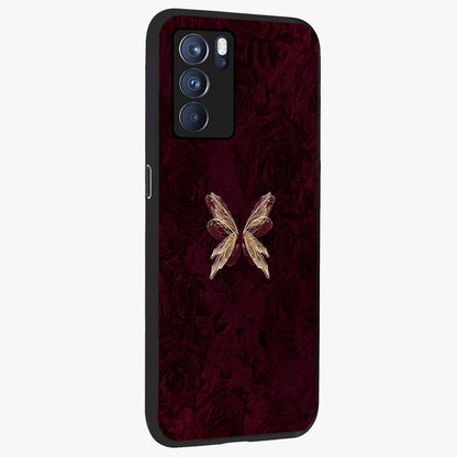 Crimson Fade Butterfly Glass Case upright view showcasing graceful butterfly artwork with soft crimson fade effect.