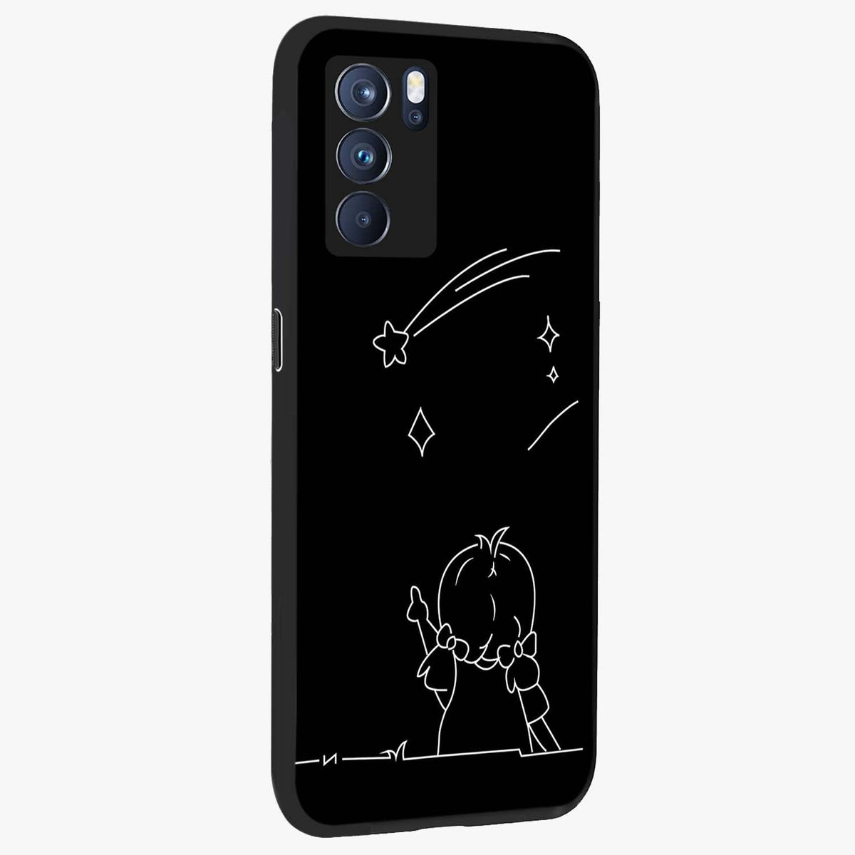 Line Art Girl With Shooting Stars Glass Case upright view showcasing delicate shooting stars artwork with minimal artistic theme.