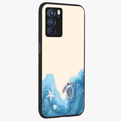 Ocean Drift Turtle Glass Case upright view showcasing calm underwater turtle artwork with nature inspired theme.