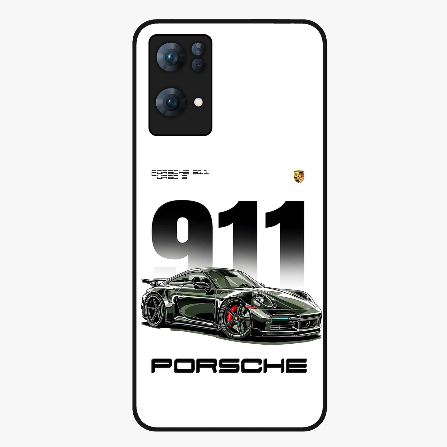 911 Turbo Dominance Glass Case showing clean flat back view with bold 911 sports car artwork and glossy glass finish.